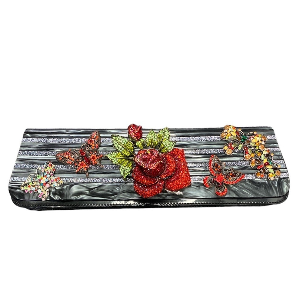 Iris Lane NWT Unique Bedazzled Butterflies Roses Crossbody Clutch Handbag